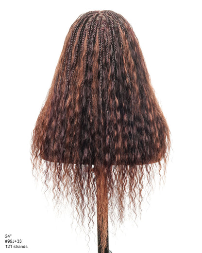 24" Mix Color Burgundy 99J & 33 Reddish Brown Super Style Human Hair Wet & Wavy Curls HD Full Lace Boho Box Braided Wig 121 Strands