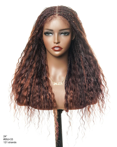 24" Mix Color Burgundy 99J & 33 Reddish Brown Super Style Human Hair Wet & Wavy Curls Swiss HD Full Lace Boho Box Braided Wig 121 Strands