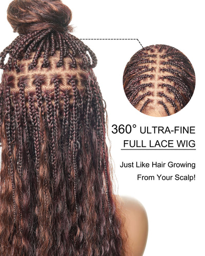 24" Mix Color Burgundy 99J & 33 Reddish Brown Super Style Human Hair Wet & Wavy Curls Swiss HD Full Lace Boho Box Braided Wig 121 Strands