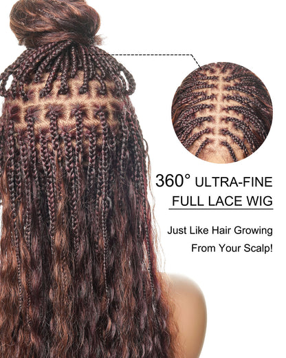 24" Mix Color Burgundy 99J & 33 Reddish Brown Super Style Human Hair Wet & Wavy Curls HD Full Lace Boho Box Braided Wig 121 Strands