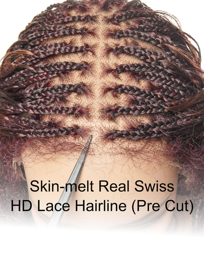 24" Mix Color Burgundy 99J & 33 Reddish Brown Super Style Human Hair Wet & Wavy Curls Swiss HD Full Lace Boho Box Braided Wig 121 Strands