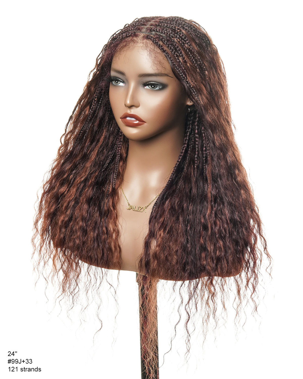24" M 99J&33 Super Style Human Hair Wet & Wavy Curls HD Full Lace Boho Box Braided Wig 121 Strands