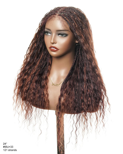 24" Mix Color Burgundy 99J & 33 Reddish Brown Super Style Human Hair Wet & Wavy Curls HD Full Lace Boho Box Braided Wig 121 Strands