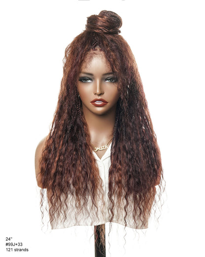 24" Mix Color Burgundy 99J & 33 Reddish Brown Super Style Human Hair Wet & Wavy Curls HD Full Lace Boho Box Braided Wig 121 Strands