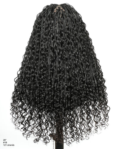 Nami - Drawstring Cap Glueless Water Wave Human Hair Curls Pre Bleached Swiss HD Full Lace Knotless Boho Box Braided Wig