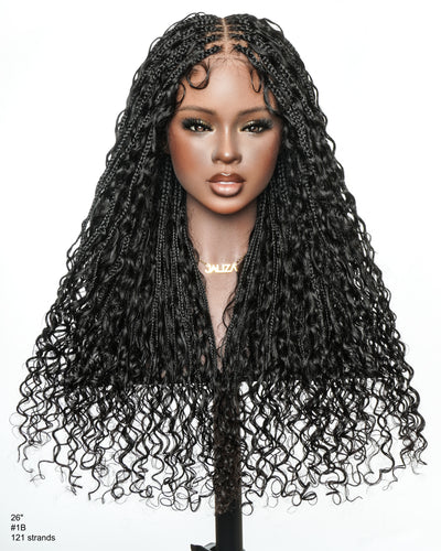 Nami - Drawstring Cap Glueless Water Wave Human Hair Curls Pre Bleached Swiss HD Full Lace Knotless Boho Box Braided Wig