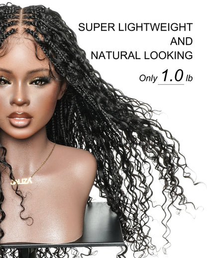 Nami - Drawstring Cap Water Wave Human Hair Curls Pre Bleached Swiss HD Full Lace Knotless Boho Box Braided Wig