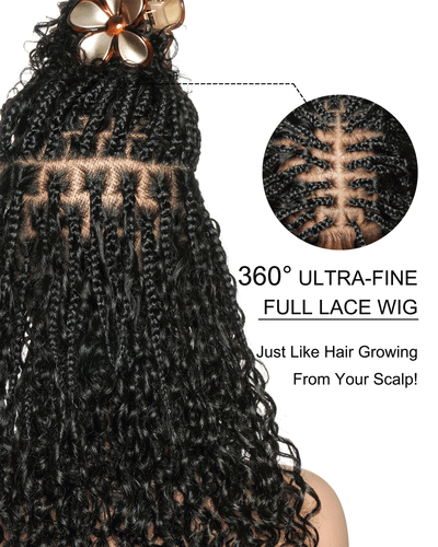 Nami - Drawstring Cap Glueless Water Wave Human Hair Curls Pre Bleached Swiss HD Full Lace Knotless Boho Box Braided Wig