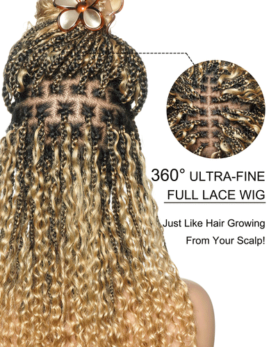 Nami - Drawstring Cap Glueless Water Wave Human Hair Curls Pre Bleached Swiss HD Full Lace Knotless Boho Box Braided Wig
