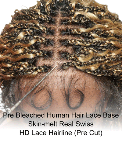 Nami - Drawstring Cap Glueless Water Wave Human Hair Curls Pre Bleached Swiss HD Full Lace Knotless Boho Box Braided Wig