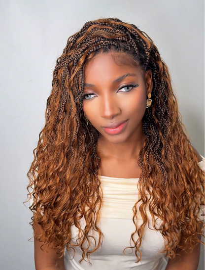 24 Inches Wavy Box Braids with Human Hair Cascading Boho Waves Boho Box Braided Wig