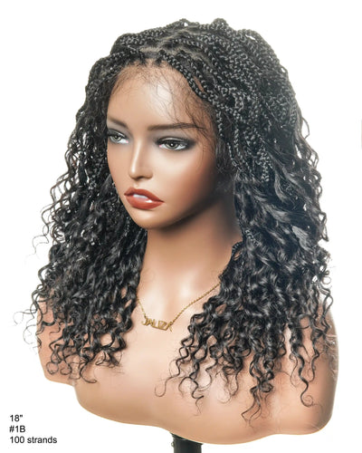 18" Wavy Box Braided Wig With Human Hair Curly Ends Pre Bleached Knots