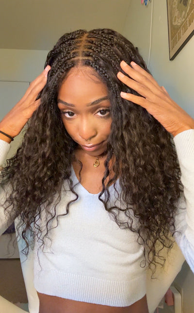 Raina - 22" Bora Bora Human Hair Wet & Wavy Curls Pre Bleached Swiss HD Full Lace Boho Braided Wig
