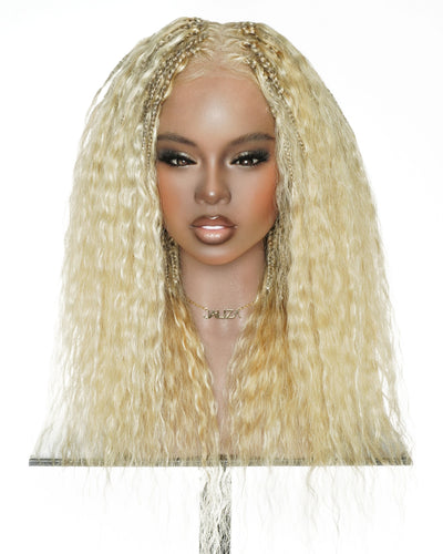 22" #613 Blonde Human Hair Wet & Wavy Boho Small Box Braided Full Lace Wig