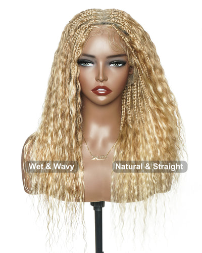 Raina - 22" Bora Bora Human Hair Wet & Wavy Curls Pre Bleached Swiss HD Full Lace Boho Braided Wig